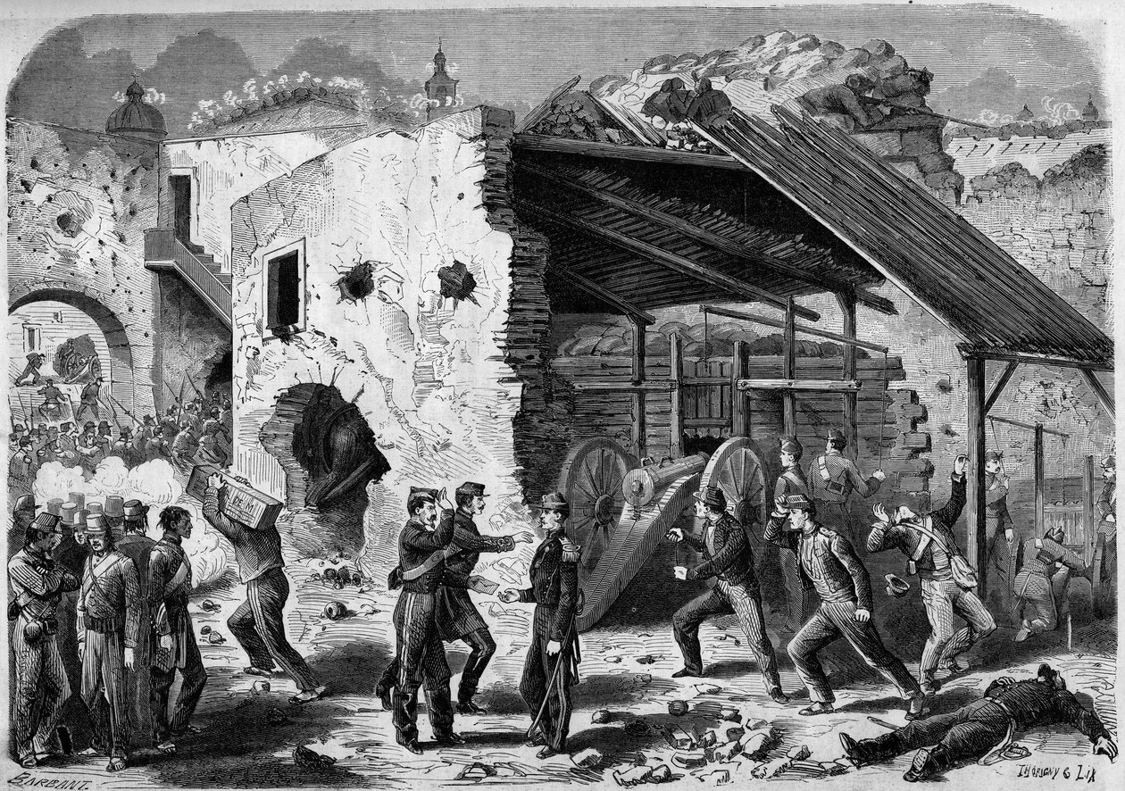 Expedition nach Mexiko (1861-1867) - Belagerung von Puebla - 1863: Angriff eines Häuserblocks durch die französische Armee. Einmal in die Stadt eingedrungen, mussten die französischen Soldaten Viertel für Viertel kämpfen. Gravur in „Le Monde Illustré“ von French School