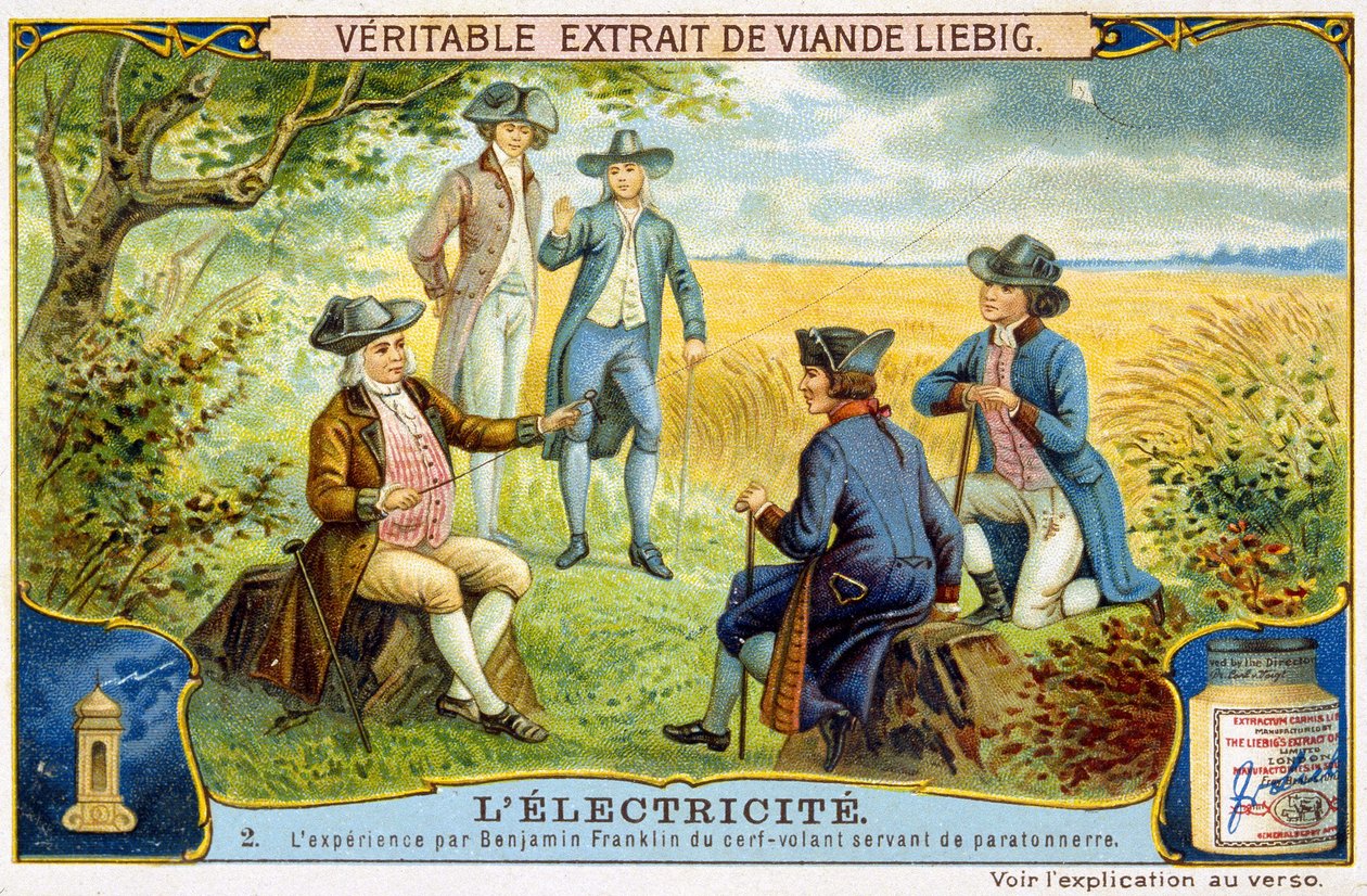 Experiment von Benjamin Franklin mit fliegenden Hirschen als Blitzableiter - Liebig Werbesticker von French School