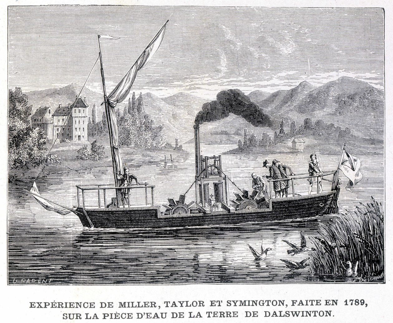 Erfahrung von Miller, Taylor und Symington, gemacht im Jahr 1789, auf dem Wasserstück des Landes von Dalswinton - in „Album der Wissenschaft; berühmte Gelehrte; Große Entdeckungen“ 1896. von French School