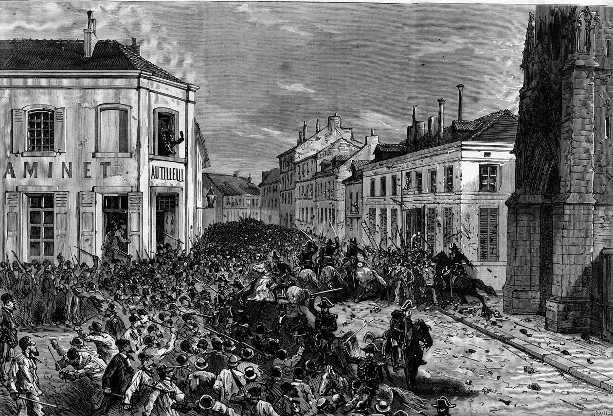 Vertreibung der Maristen von Tourcoing nach den Dekreten vom März 1880, erlassen von Jules Ferry, die Mitgliedern nicht autorisierter religiöser Kongregationen das Recht zu lehren entzogen: Die Polizei zerstreute die Reiter, die gegen die Vertreibung der M von French School