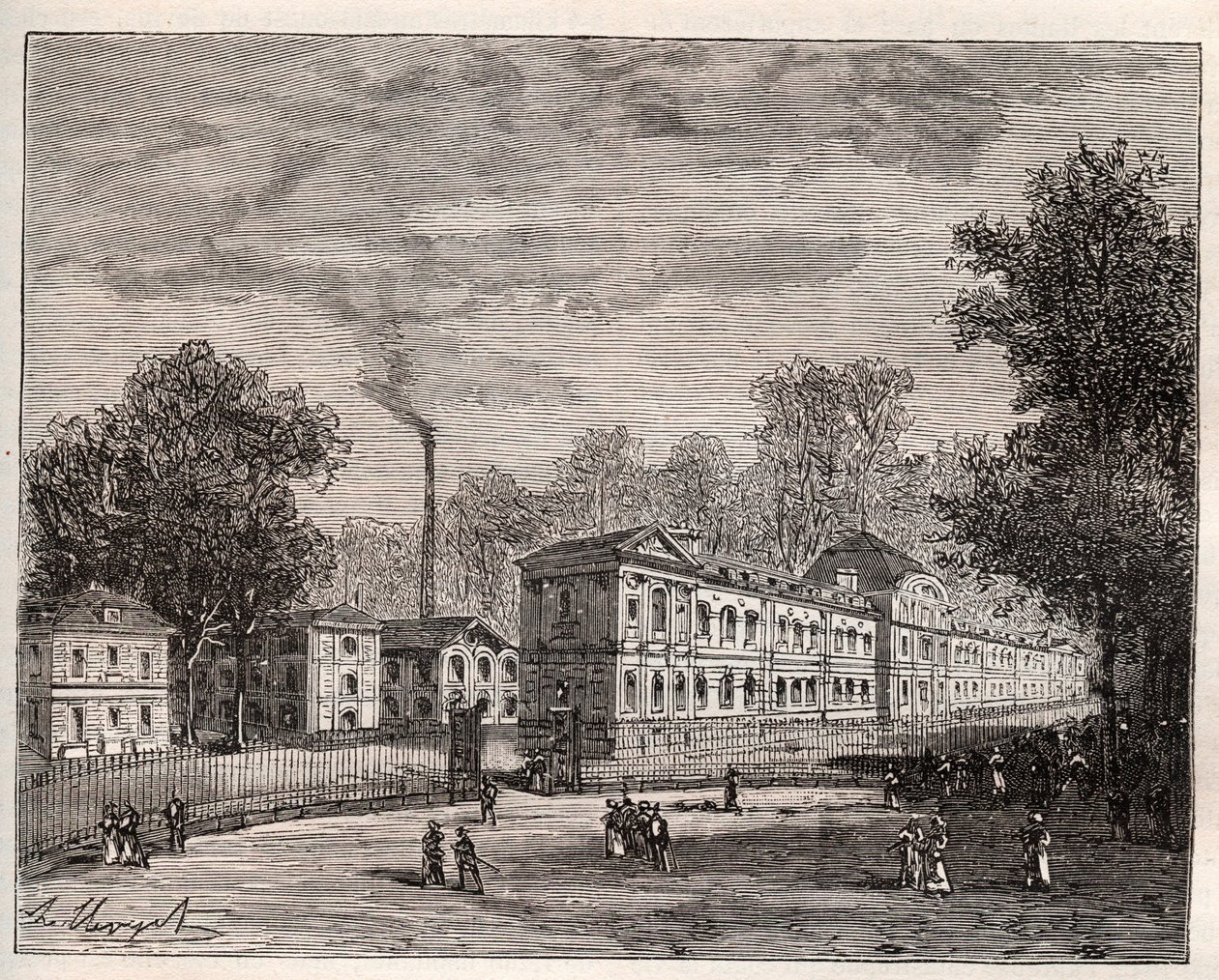 Außenansicht der Kaiserlichen Porzellanmanufaktur von Sevres, erbaut im Park von Saint Cloud nach den Plänen des Architekten Laudin - Gravur in „France illustree: geographie, histoire, administration statistique“ von V.-A. Malt-Brown. 1884 von French School