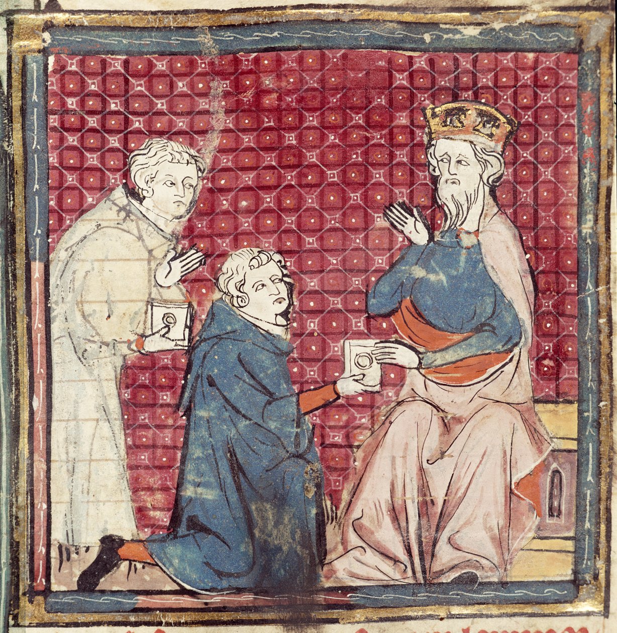 F.117r Boten berichten Karl dem Großen vom Sieg über die Sarazenen, aus den Grandes Chroniques de France, 1375-79 von French School