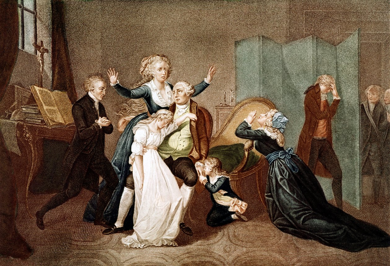 Abschied von Ludwig XVI. durch seine Familie im Tempel, 20. Januar 1793 - Das letzte Treffen von Ludwig XVI. mit seiner Familie (Marie Antoinette und ihre Kinder Marie Therese oder Madame Royale (1778-1851) und Ludwig XVII. (1785-1795), am Vorabend seiner  von French School