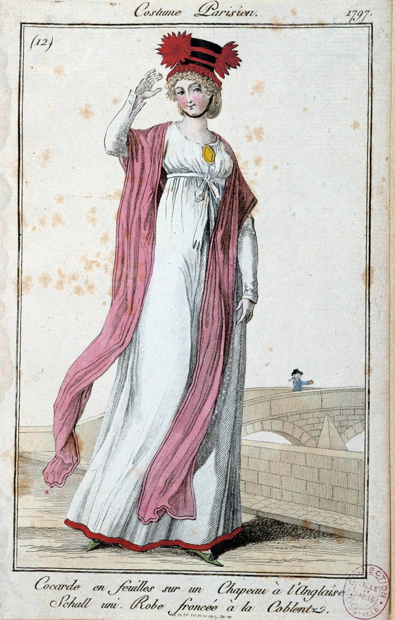 Mode unter dem Direktorium: elegante junge Frau in einem Pariser Anzug: Kokarde aus Blättern auf englischem Hut, Kleid mit Koblentz-Falten. Anonyme Gravur. 1797 von French School