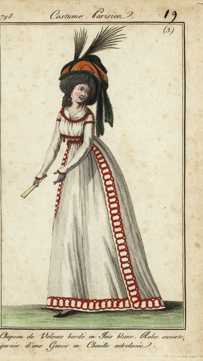 Modische Frau mit Fächer in riesiger Frisur und Hut von French School
