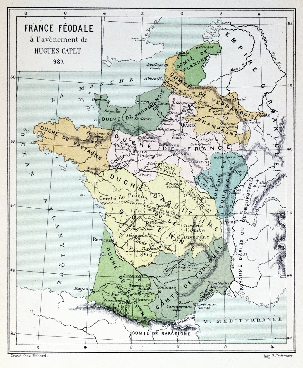 Feudales Frankreich zur Zeit der Thronbesteigung von Hugues Capet im Jahr 987, Karte illustriert in einer Histoire de France ca. 1880 von French School