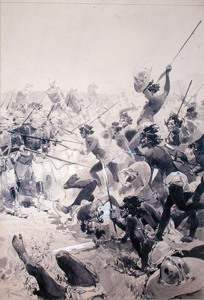 Kämpfe zwischen Zulus und englischen Soldaten, ca. 1878 von French School