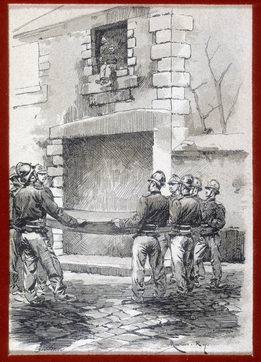 Feuerwehrleute, Die Rettungsdecke, n.d. Anfang des 19. Jahrhunderts von French School
