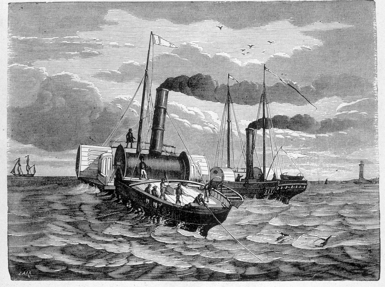 Erster Versuch zur Installation eines elektrischen Leiters von Dover nach Calais (1851) - in „Album der Wissenschaft; berühmte Wissenschaftler; Große Entdeckungen“ 1896 von French School