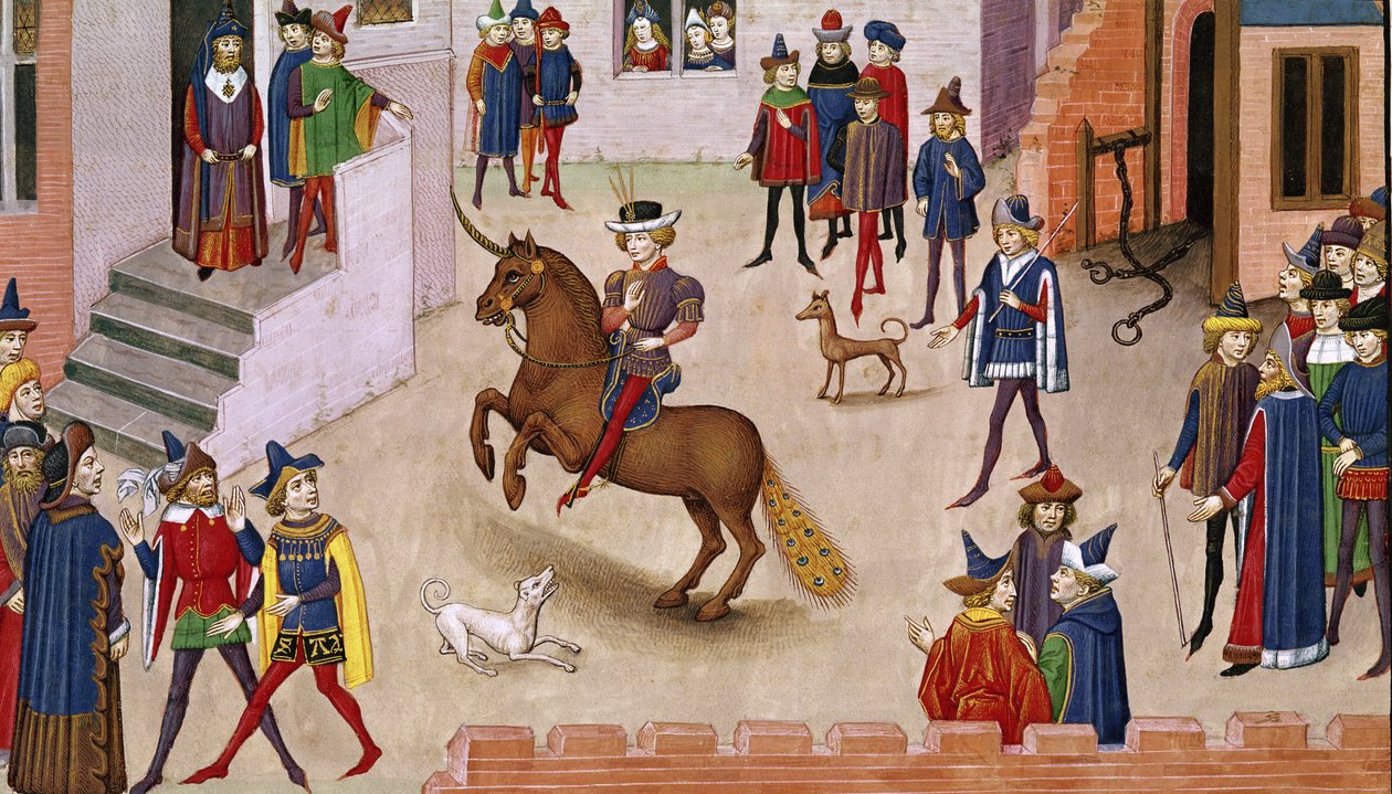 Wie Alexander der Große (356-323 v. Chr.) Bucephalus bestieg, aus der Histoire du Grand Alexandre 1460 von French School