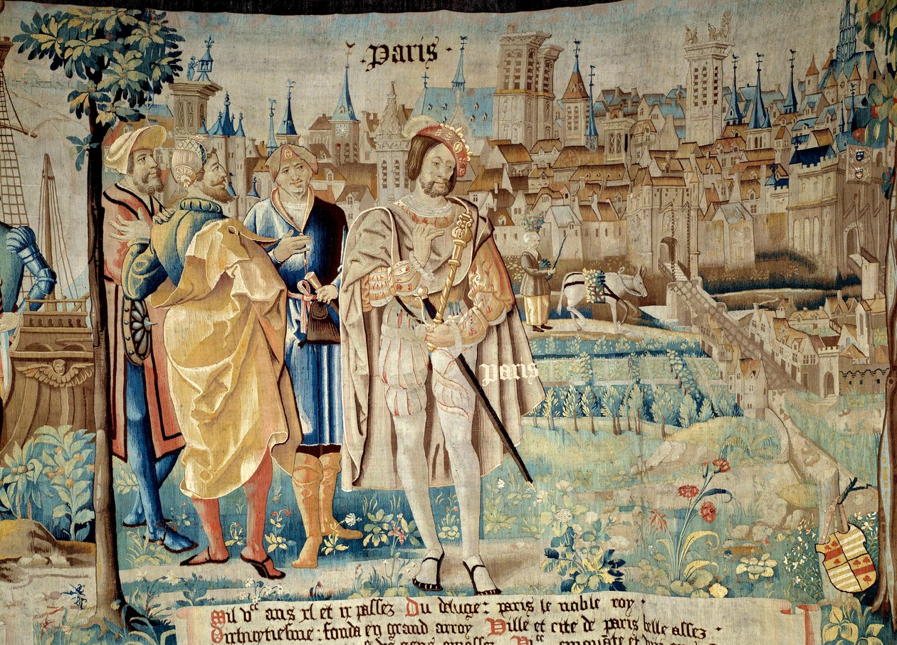 Gründung der Stadt Paris. König Franz I. (1494-1547) beschloss, seine ständige Hauptstadt in Paris zu errichten, als er 1527 aus der Gefangenschaft zurückkehrte. Wandteppich aus „Die fabelhafte Geschichte der Gallier“ hergestellt von der Werkstatt von Arra von French School