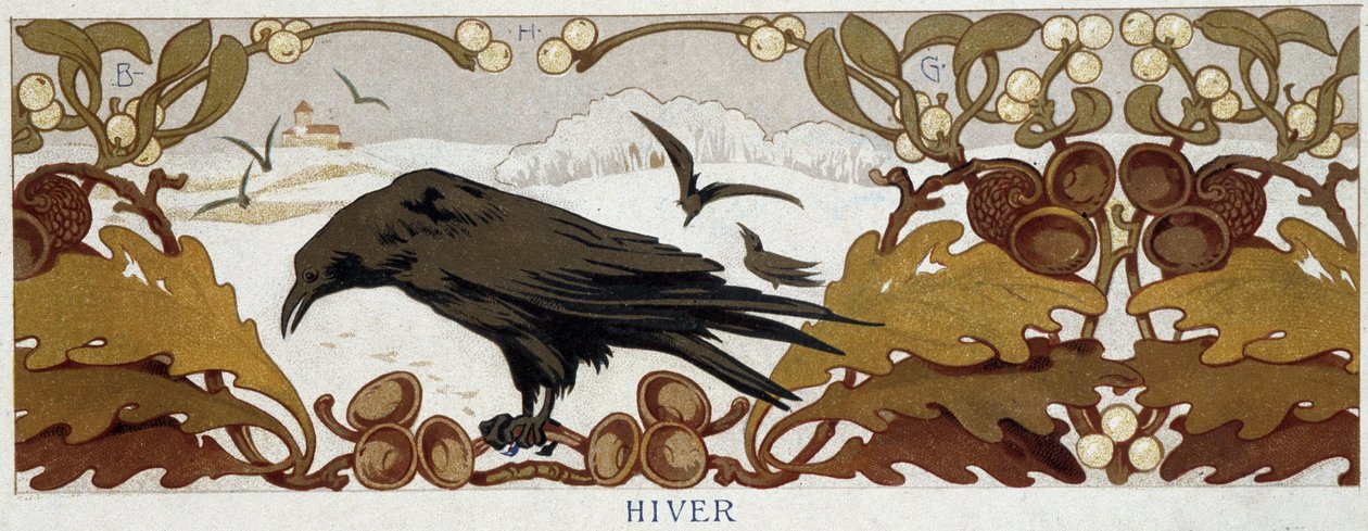 Vier Jahreszeiten, Winter: Rabe auf einer Eiche - Chromolithographie, Ende des 19. Jahrhunderts von French School