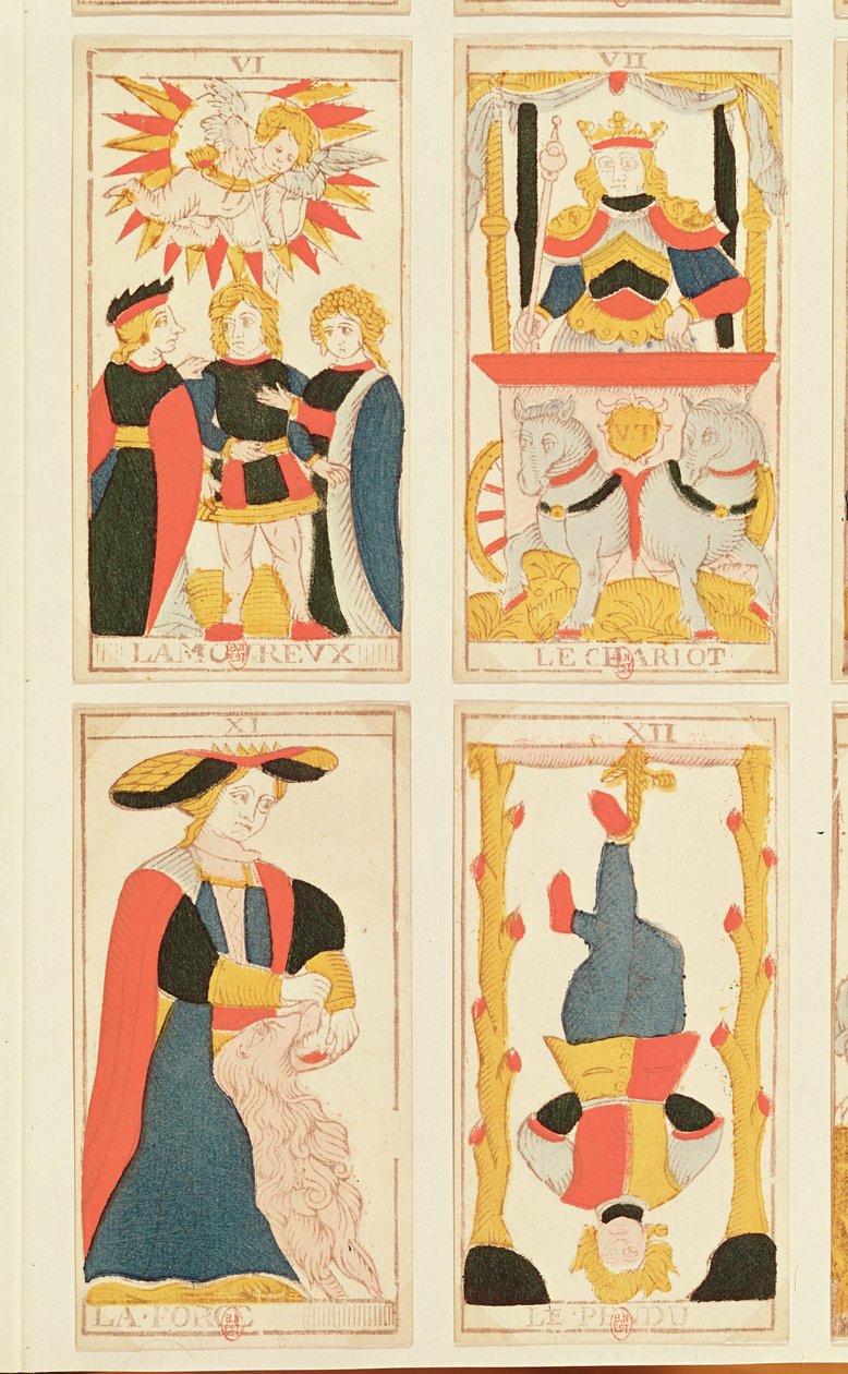 Vier Tarotkarten, die Die Liebenden, Der Wagen, Stärke und Der Gehängte darstellen (farbiger Holzstich) von French School