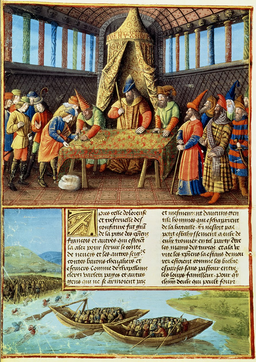 Bayezid I. empfängt das Lösegeld, aus Passages faits Outremer, geschrieben von Sebastien Mamerot, ca. 1490 von French School