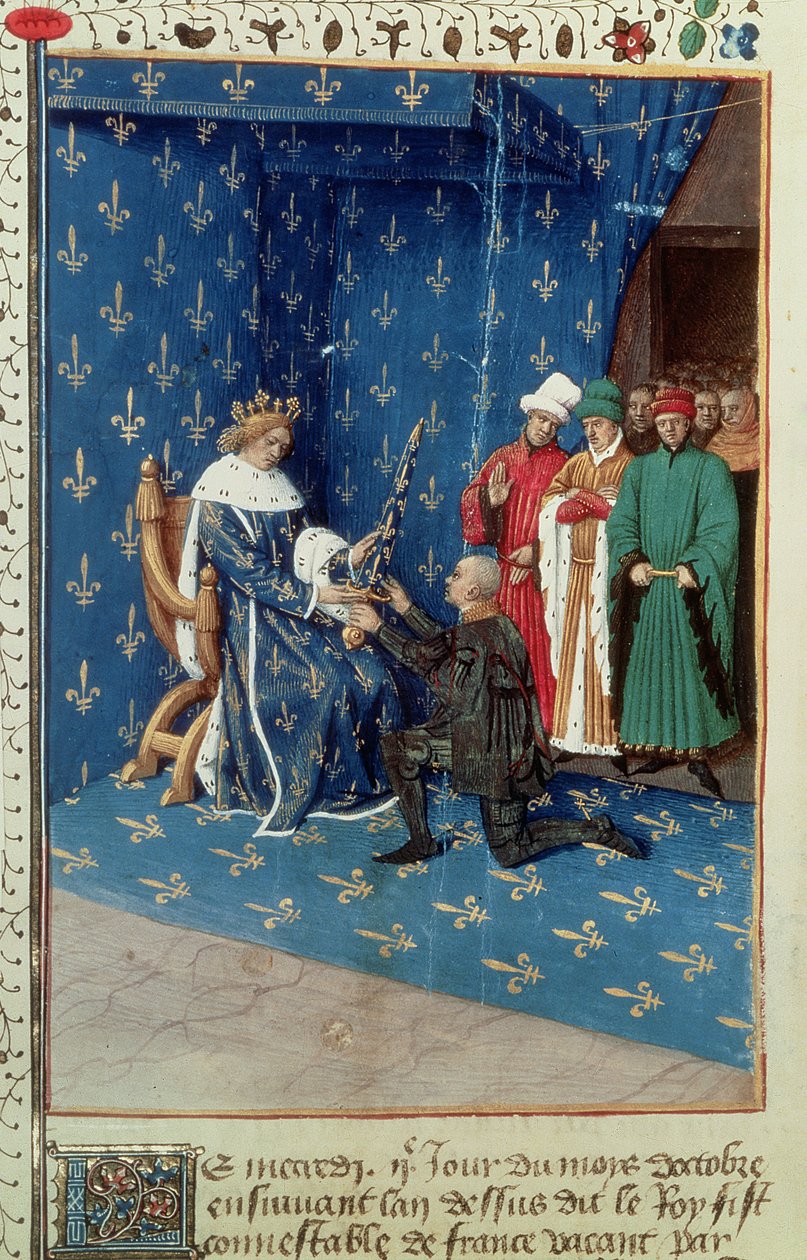 Fr 6465 f.434v Karl V. (1338-80) schlägt den Konvertiten Bertrand Duguesclin zum Ritter, Oktober 1390 von French School