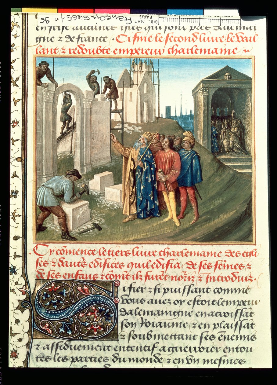 Fr 6465 f.96 Bau der Kirche in Aix La Chapelle durch Karl den Großen (742-814) von French School