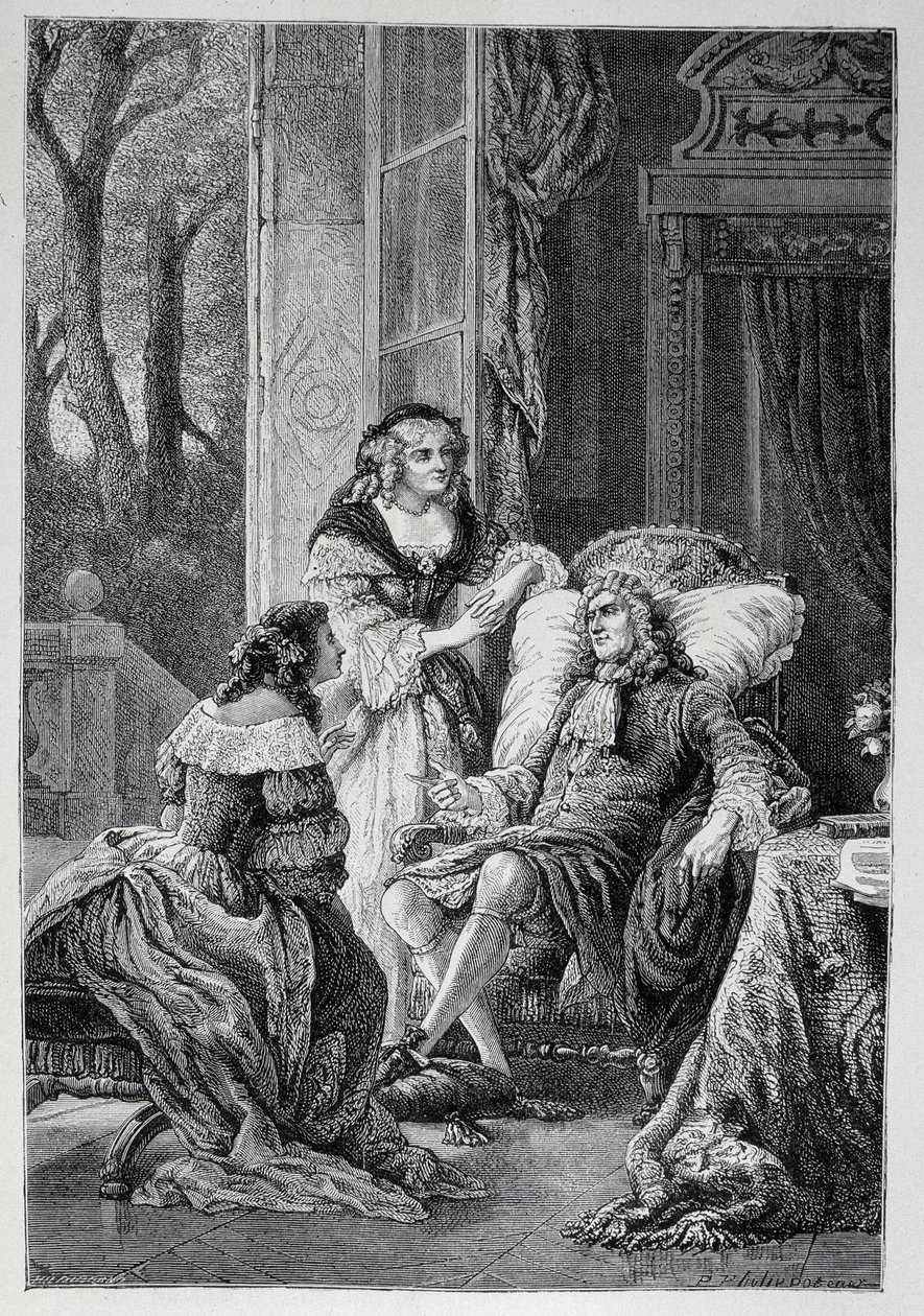 François de La Rochefoucauld (1613-1680) spricht mit Mademoiselle de Sévigné (Marie de Rabutin-Chantal), Marquise de Sévigné genannt Madame de Sévigné (1626-1696) und Marie-Madeleine Pioche de La Vergne, Gräfin von La Fayette (Madame de La Fayette) von French School