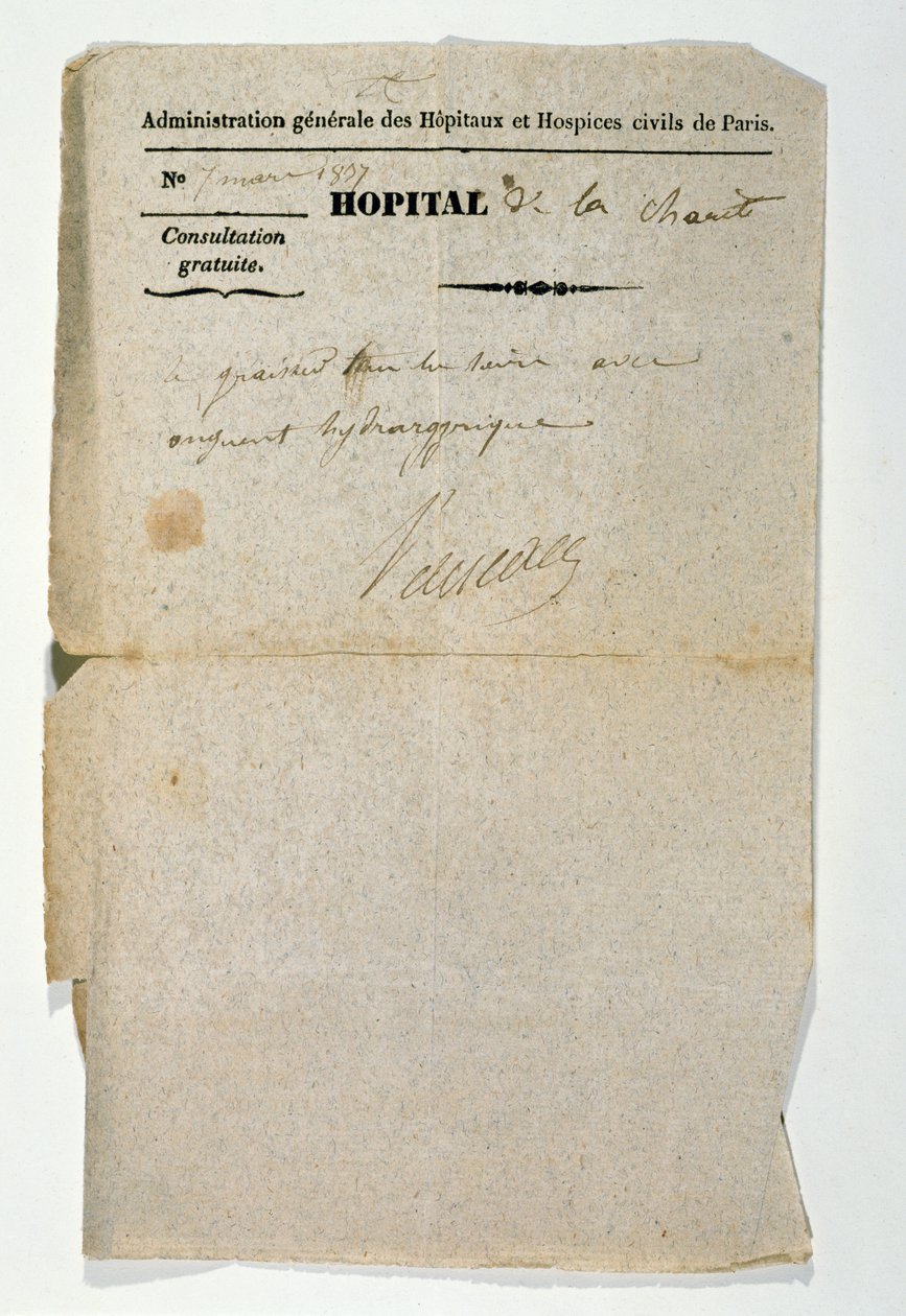 Kostenloses Rezept vom Hôpital de la Charité, Paris, 7. März 1837 von French School