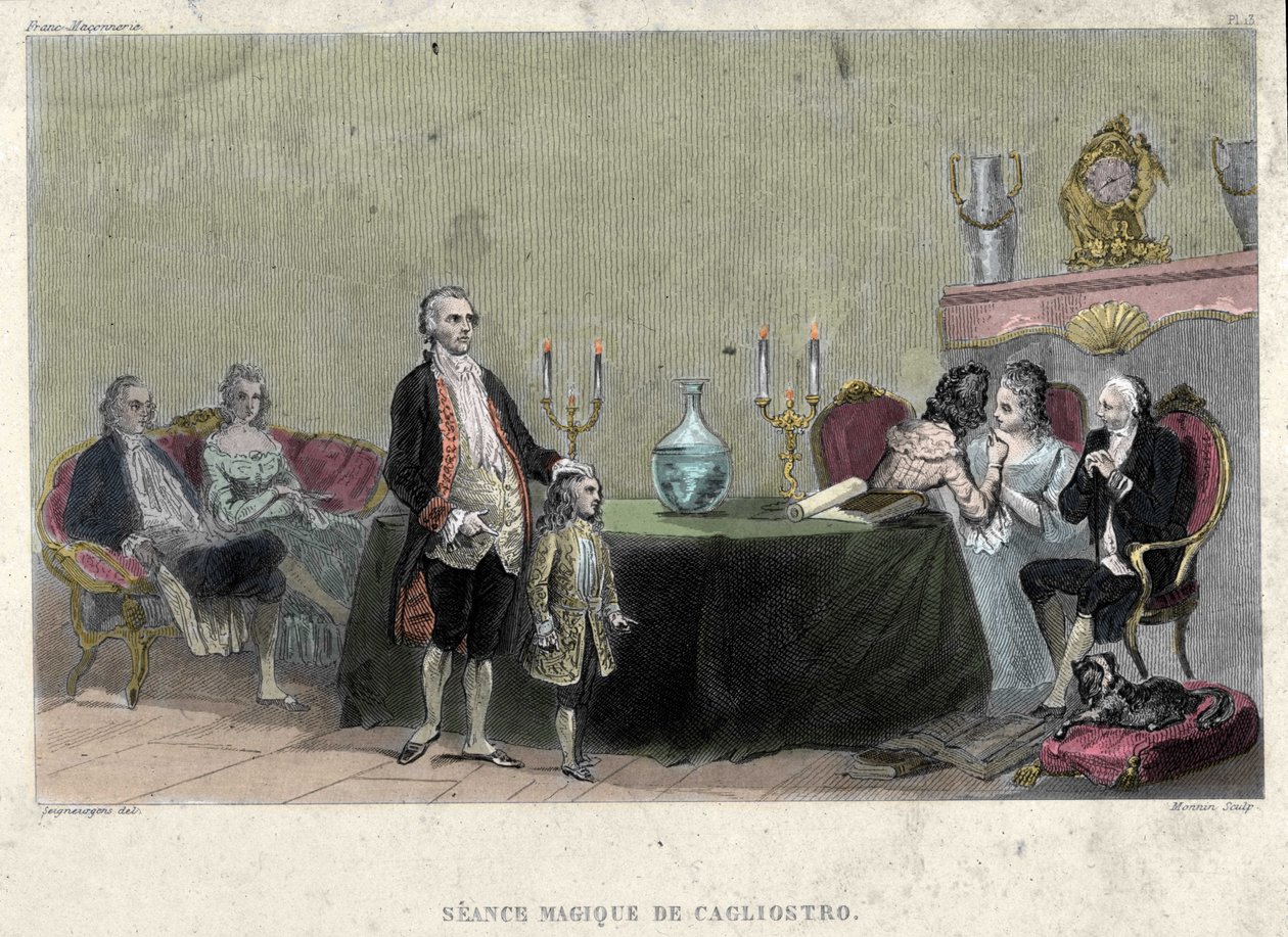 Freimaurerei: Magiesitzung von Giuseppe Balsamo, bekannt als Alexander, Graf von Cagliostro (1743-1795). Gravur aus „Picturesque Histoire de la Franc Maconnerie et des Societes Secretes antique et modernes“ von F.-T. B. Clavel. Pagnerre, Herausgeber von French School