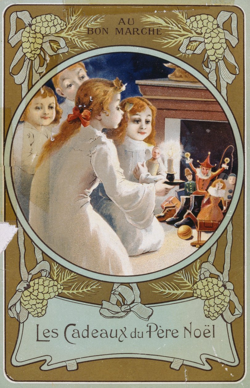 Französische Weihnachtskarte zeigt Mädchen mit einer Kerze am Heiligabend von French School