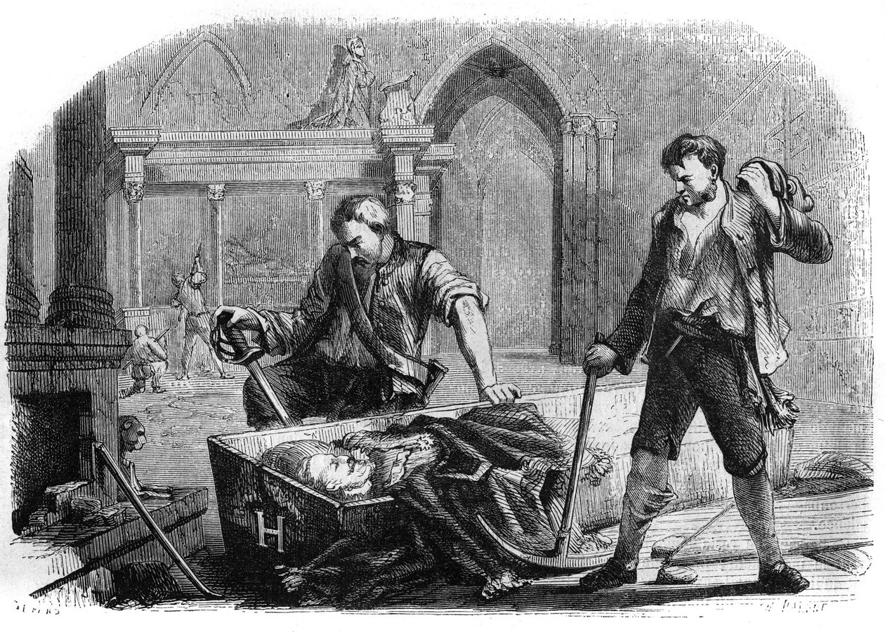 Französische Revolution (Konvent): Öffnung des Sarges von König Heinrich IV. (1553-1610) während der Schändung der königlichen Gräber der Kirche Saint-Denis im Jahr 1793. Gravur von 1860. von French School
