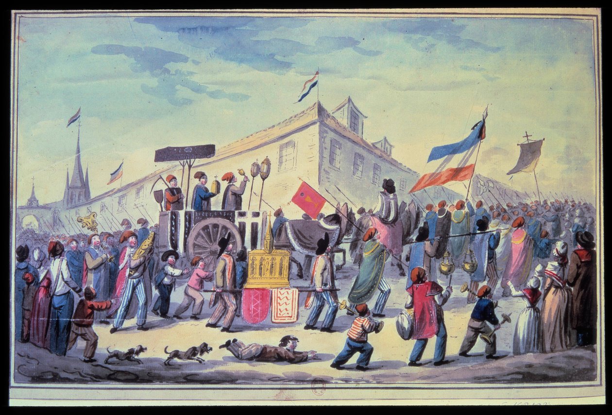 Französische Revolution: Eine antireligiöse Maskerade im November 1793. Anonymes Aquarell von 1793. Pariser Arsenal-Bibliothek von French School