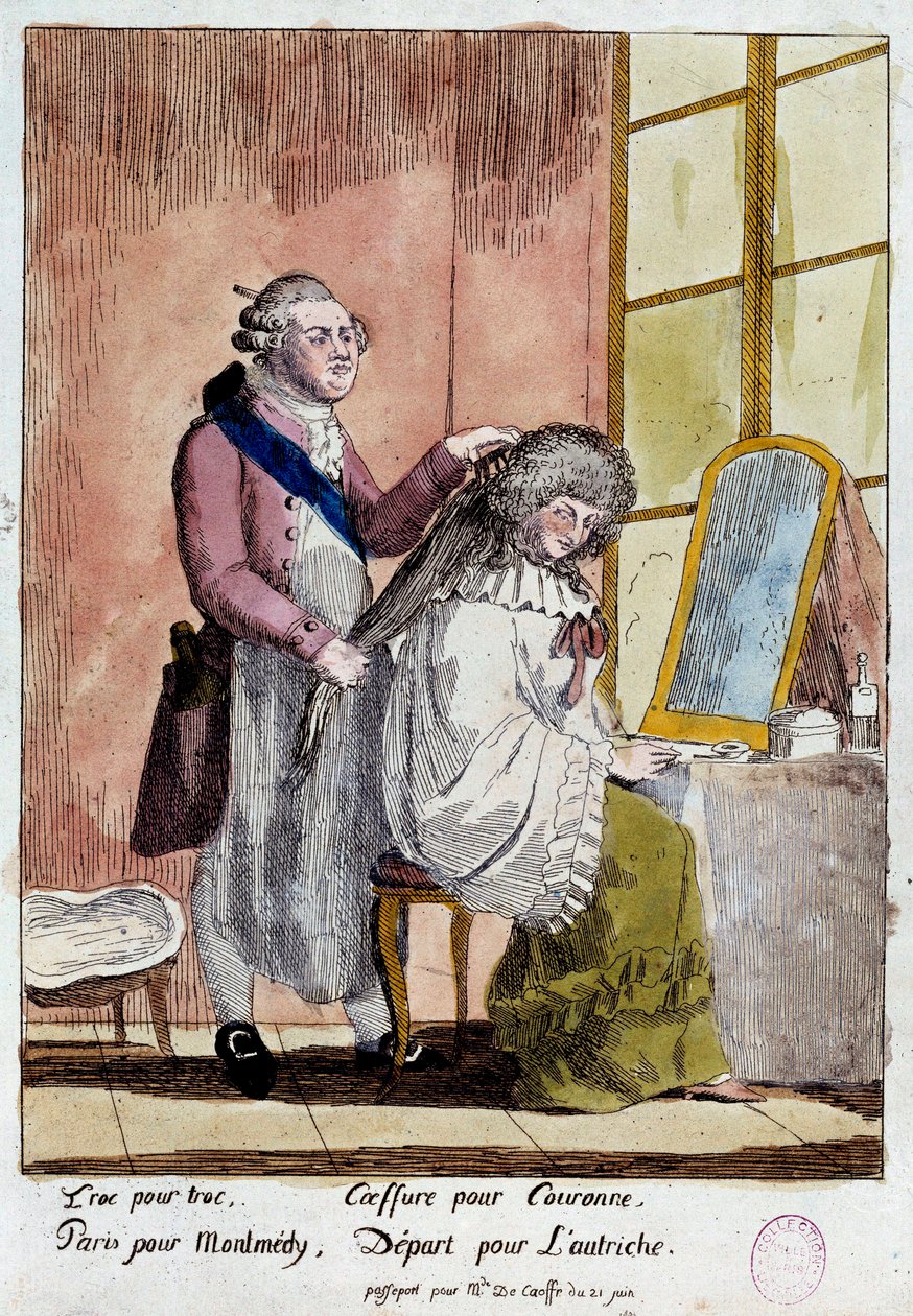 Französische Revolution: Karikatur über die Flucht der königlichen Familie nach Varennes am 20. und 21.06.1791: König Ludwig XVI. frisiert Königin Marie Antoinette, die mit dem falschen Pass der Gouvernante der Kinder der Baronin von Korff abreisen sollte. von French School