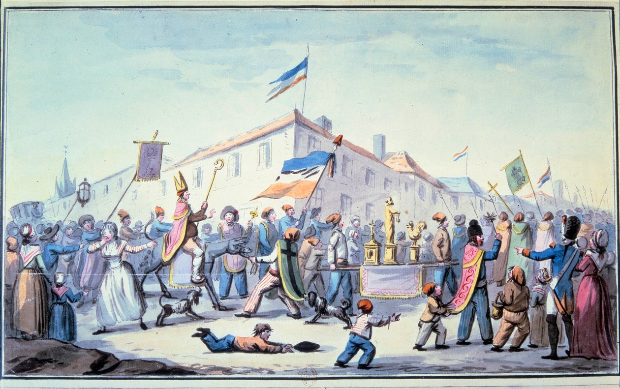 Französische Revolution: „Geformte Maskerade des Volkes in priesterlicher Kleidung“. Anonymes Aquarell. 1793. Paris, Bibliothek von L