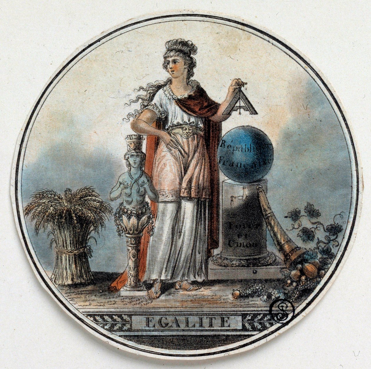 Französische Revolution: Allegorie der Gleichheit als Frau, die ein Quadrat in der Nähe der französischen Republik hält, ein Füllhorn. Ende des 18. Jahrhunderts Paris, B.N. von French School