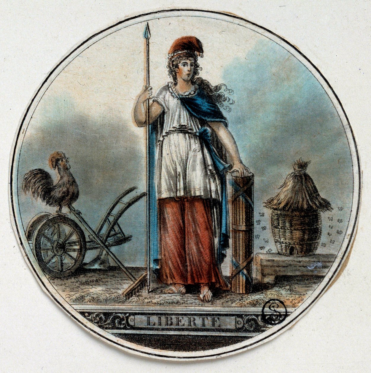Französische Revolution: Allegorie der Freiheit als Frau in der Nähe eines Bienenstocks und eines Hahns. Ende des 18. Jahrhunderts. Paris, B.N. von French School