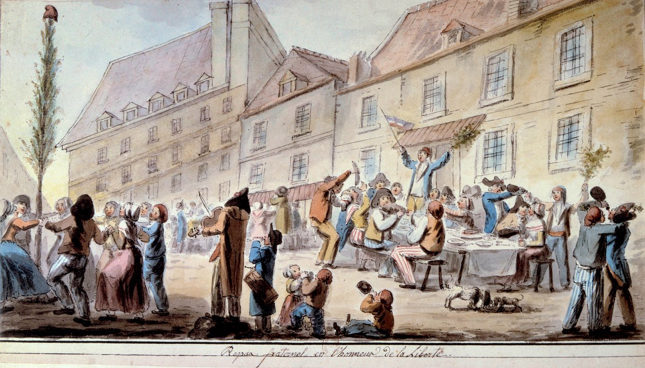 Französische Revolution: brüderliches Mahl zu Ehren der Freiheit im Juni 1793. Patrioten und Pariser feiern die Freiheit. Das Motto „Freiheit, Gleichheit, Brüderlichkeit“ erschien erstmals in dieser Zeit. Aquarell von 1793. Paris, Bibliothek des Arsenal von French School