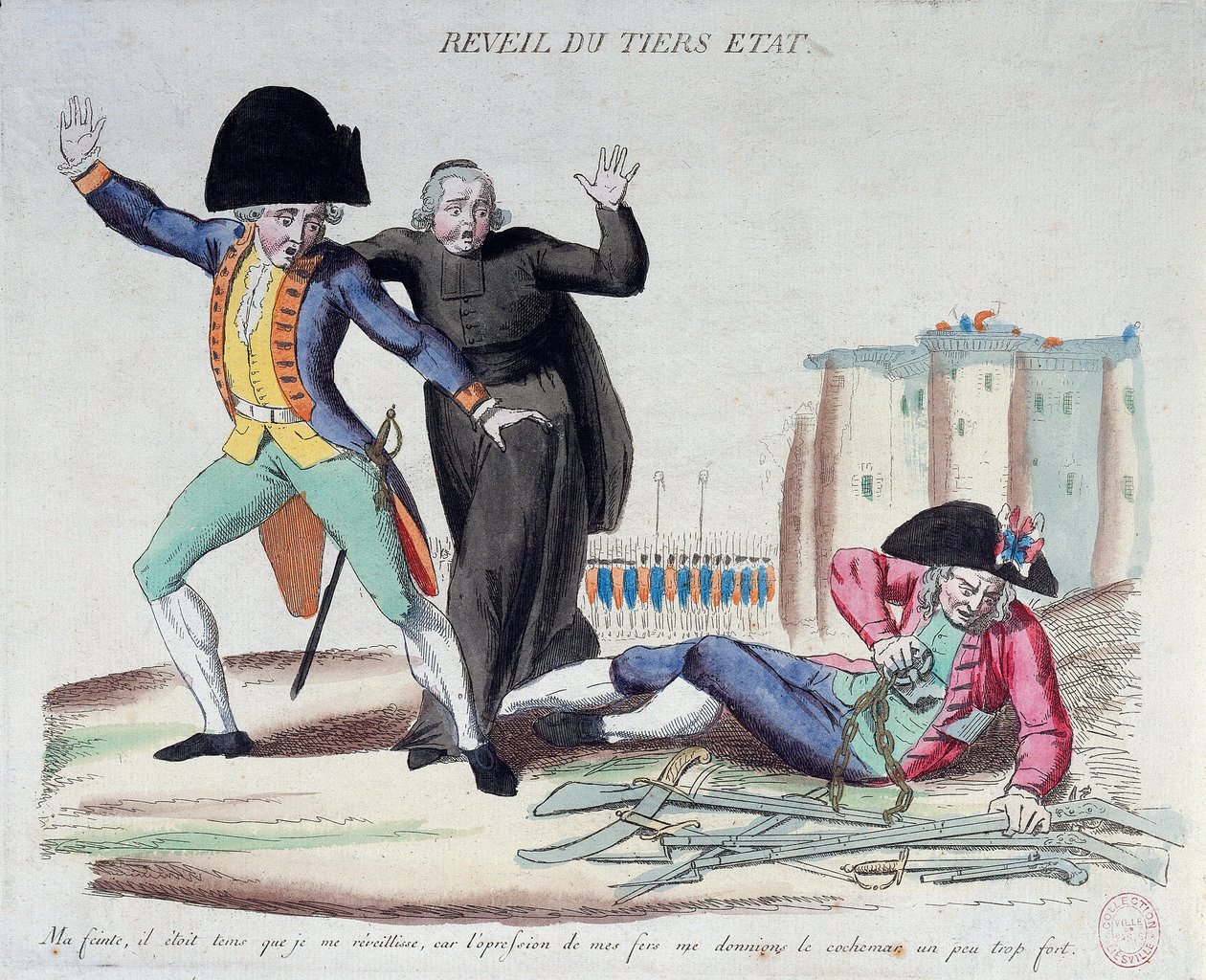 Französische Revolution: das Erwachen des Dritten Standes (Dritter Stand). Karikatur über die drei Stände. Er befreit sich von seinen Ketten unter den erschrockenen Augen der Armee und der Geistlichen. Französischer Druck von 1789. Paris, B.N. von French School