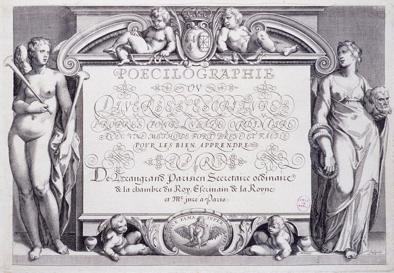 Französische Kalligraphie: Poecilographie, Frontispiz, von Baptiste de Beaugrand im Jahr 1606. von French School