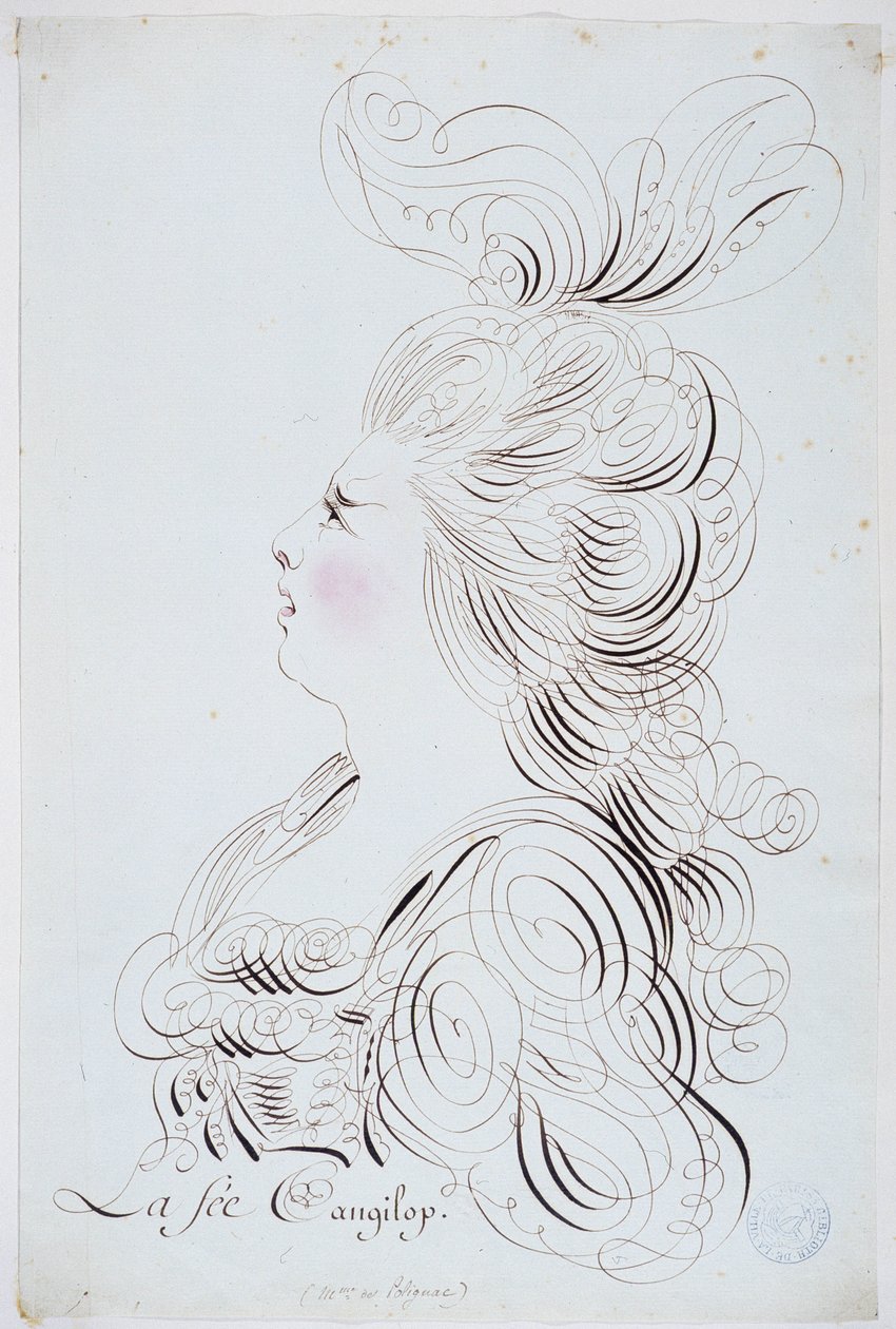 Französische Kalligraphie: Porträt der Prinzessin von Polignac im Profil, mit Aquarell verstärkt von Bernard de Paris um 1780. Historische Bibliothek der Stadt Paris. von French School