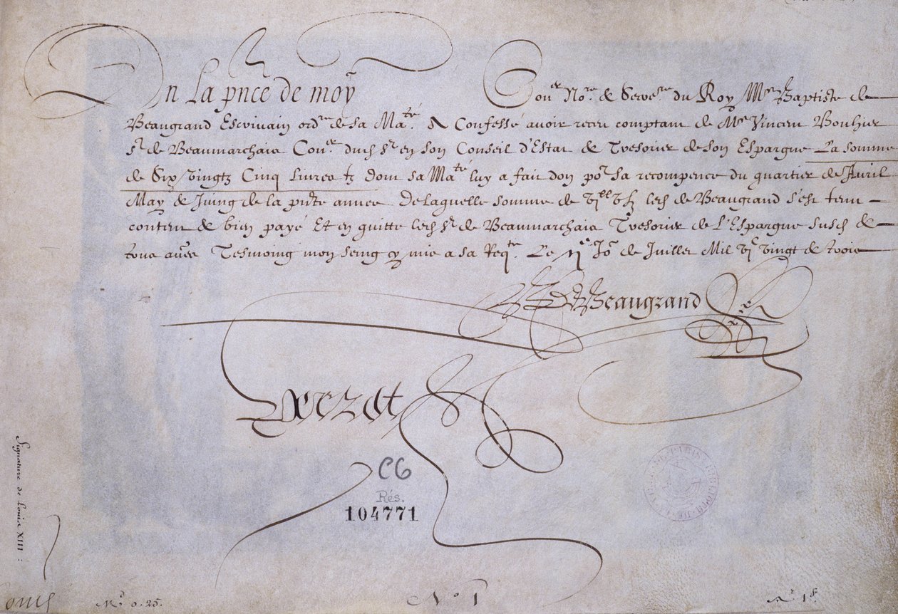 Französische Kalligraphie: Quittung zugunsten von Bernard de Beaugrand ausgestellt am 2. Juli 1623. Historische Bibliothek der Stadt Paris. von French School