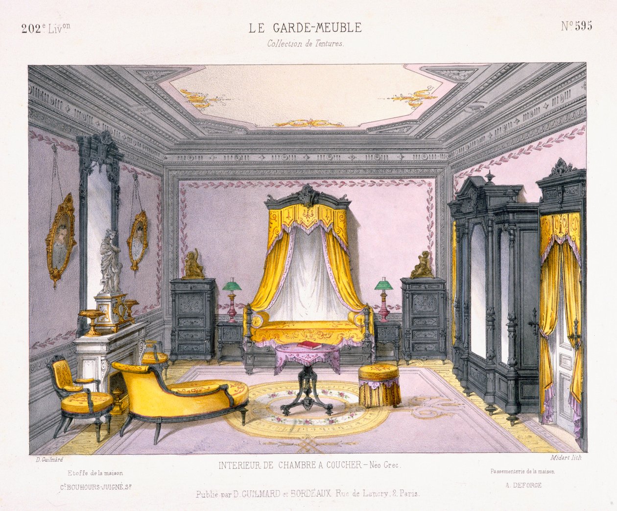 Französisches Design für ein Schlafzimmer im neogriechischen Stil aus dem Le Garde-Meuble Musterbuch, veröffentlicht von D Guillard, Paris von French School