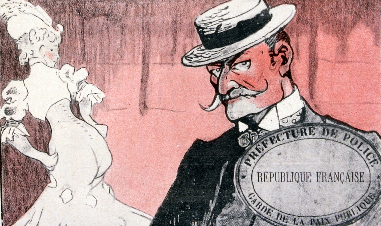 Französische Polizei überwacht eine Prostituierte vor ihrer Verhaftung. Frankreich im 19. Jahrhundert. Französische Illustration 1890 von French School
