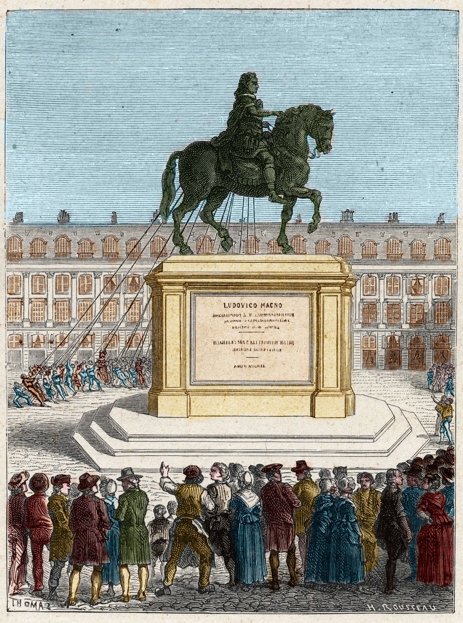 Französische Revolution: Sturz der Statue von König Ludwig XIV. (1643-1715), Place Vendôme in Paris von French School