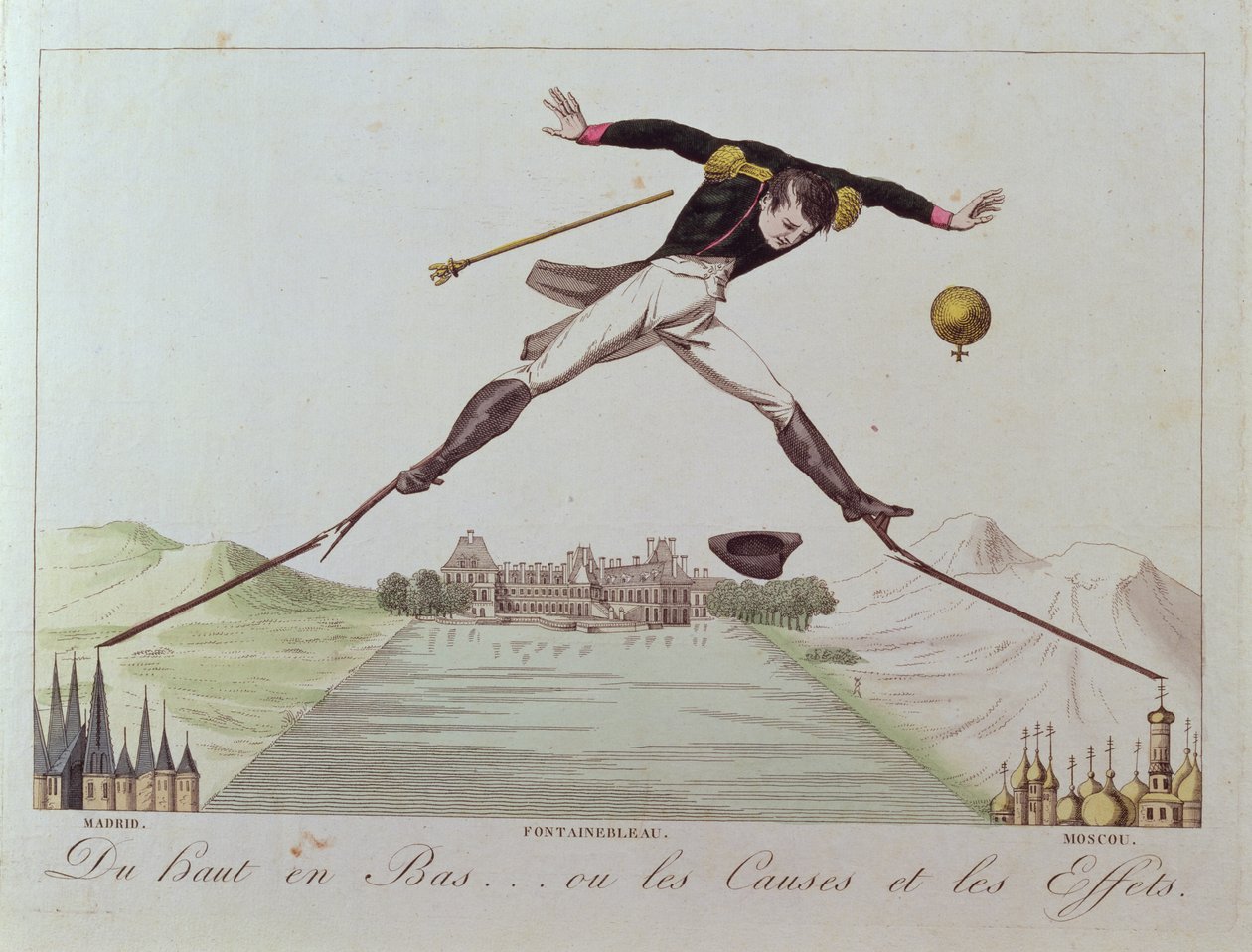 Von Hoch zu Tief... oder die Ursachen und Wirkungen, Karikatur der Außenpolitik Napoleons, ca. 1814 von French School