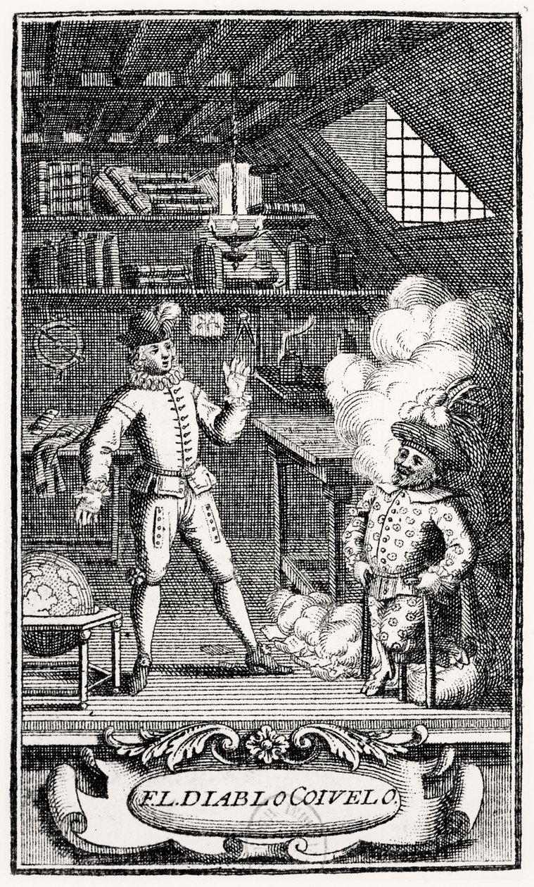 Frontispiz von Dubercelle für "The Devil upon Two Sticks", um 1787 von French School