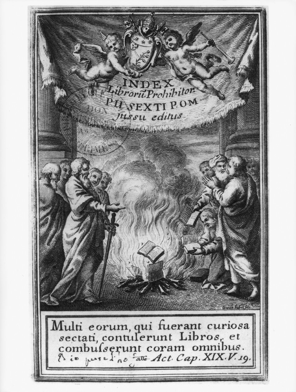 Frontispiz des Index Librorum Prohibitorum, das ein Auto-da-fé darstellt, 1786 von French School