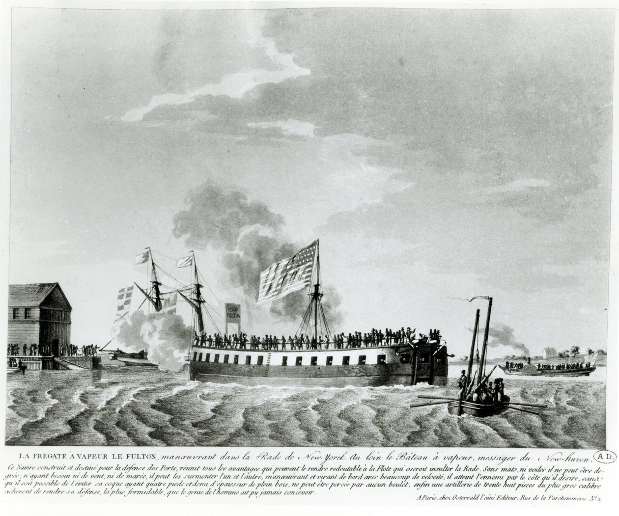Fultons dampfbetriebenes Kriegsschiff, Fulton der Erste, entworfen und gebaut von Robert Fulton zur Verteidigung von New York im Krieg von 1812 von French School