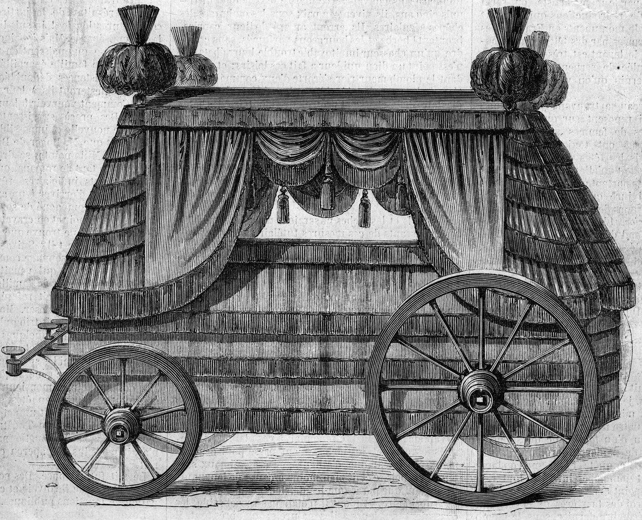 Leichenwagen von Kaiser Napoleon I (1769-1821) nach St. Helena, geschenkt von Königin Victoria I. an Napoleon III. im Jahr 1858. Gravur in „Le Monde Illustré“ Nr. 76 vom 25. September 1858. von French School