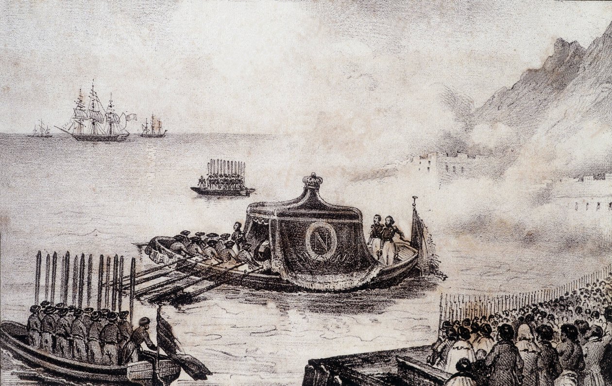 Begräbnis von Napoleon I.: Abfahrt von St. Helena - Zeichnung von Levilly, in "Historisches Gemälde des Begräbnisses von Napoleon" von M. St Maurice, ca. 1851 von French School