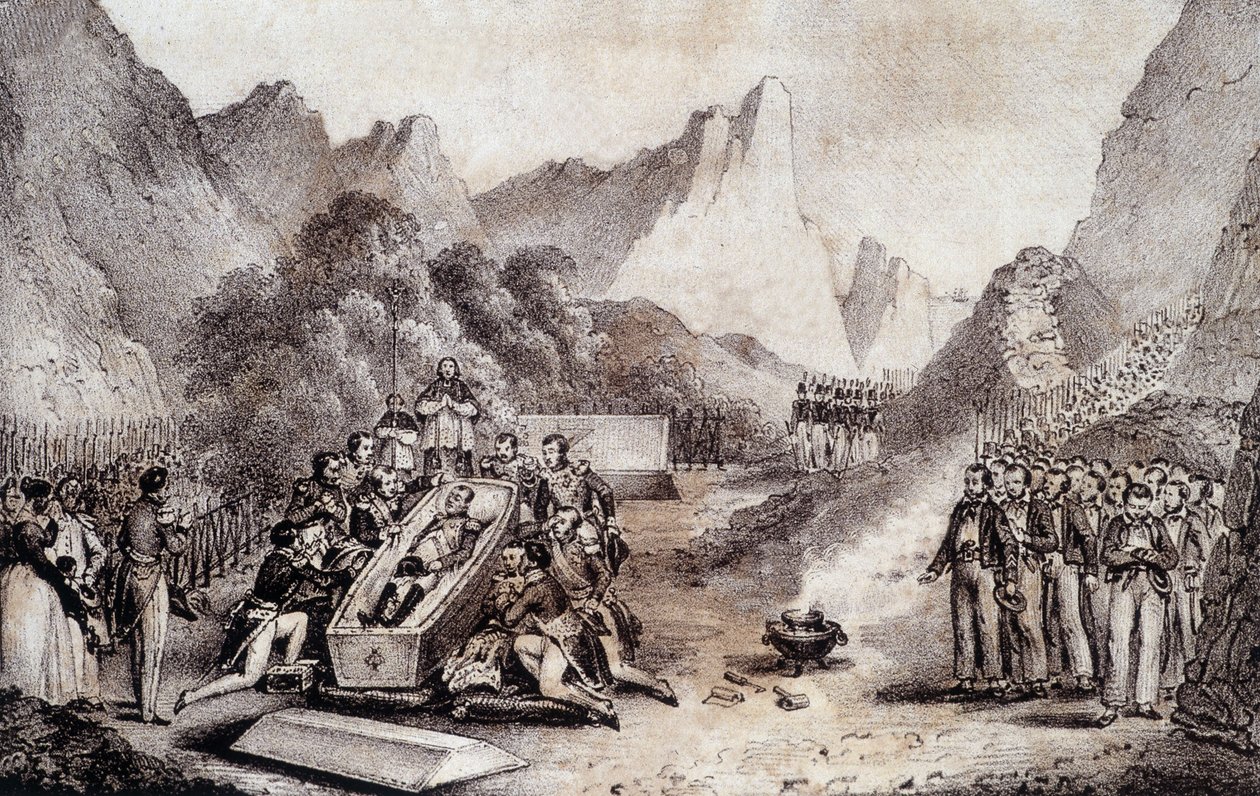 Begräbnis von Napoleon I.: Exhumierung des Körpers von Napoleon auf St. Helena - Zeichnung von Levilly, in „Historisches Gemälde des Begräbnisses von Napoleon“ von M. St Maurice, ca. 1851 von French School