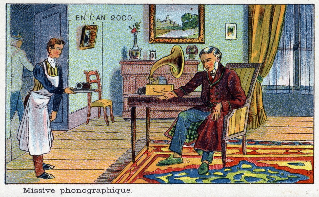 Futuredays: Eine Vision des 19. Jahrhunderts vom Jahr 2000 - Serie „Im Jahr 2000“: Fotografische Nachricht. Chromolithographie von Villemard von French School