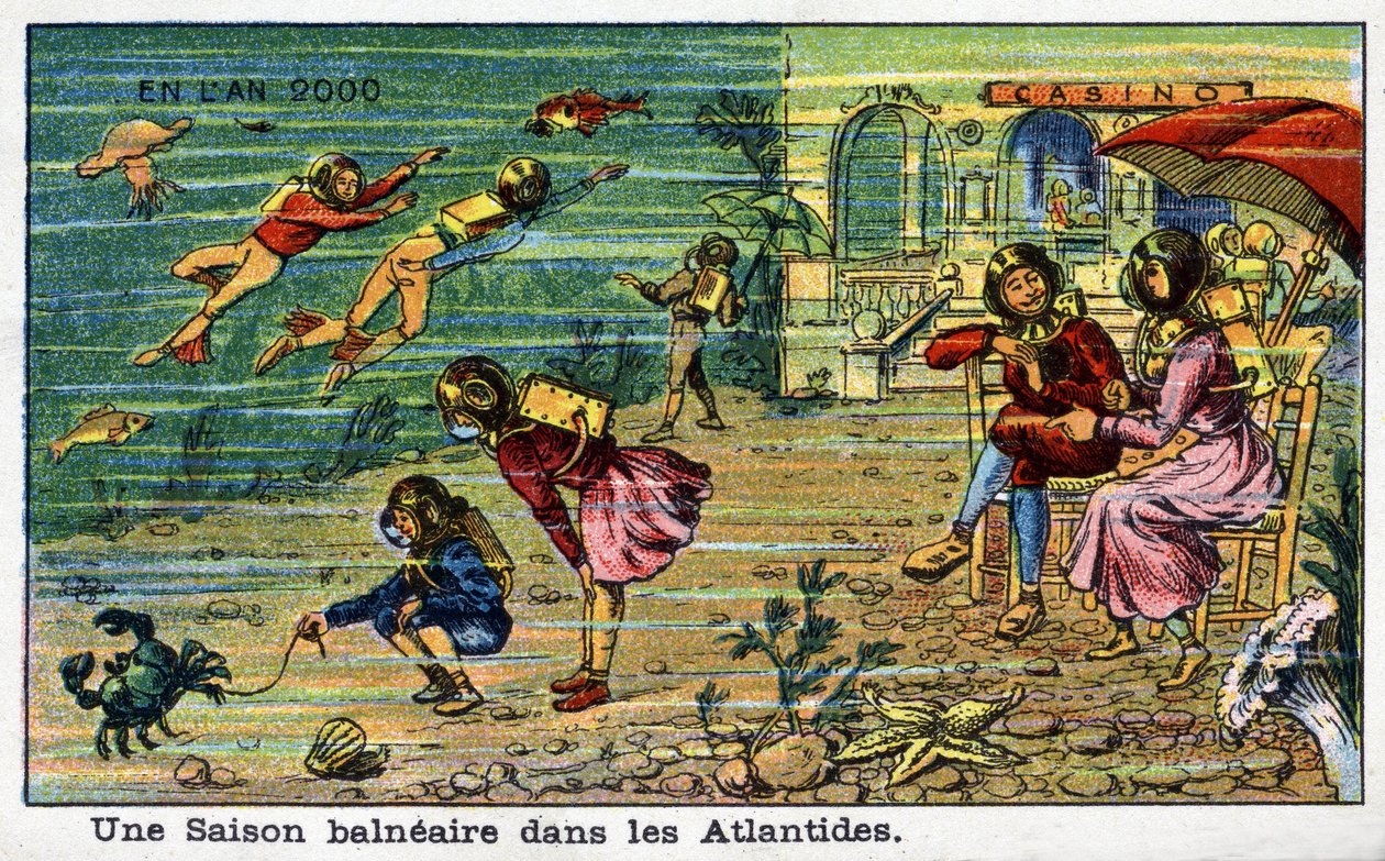 Zukunftstage: Eine Vision des 19. Jahrhunderts vom Jahr 2000 - Serie "Im Jahr 2000": Eine Badesaison in Atlantis. Chromolithographie von Villemard von French School