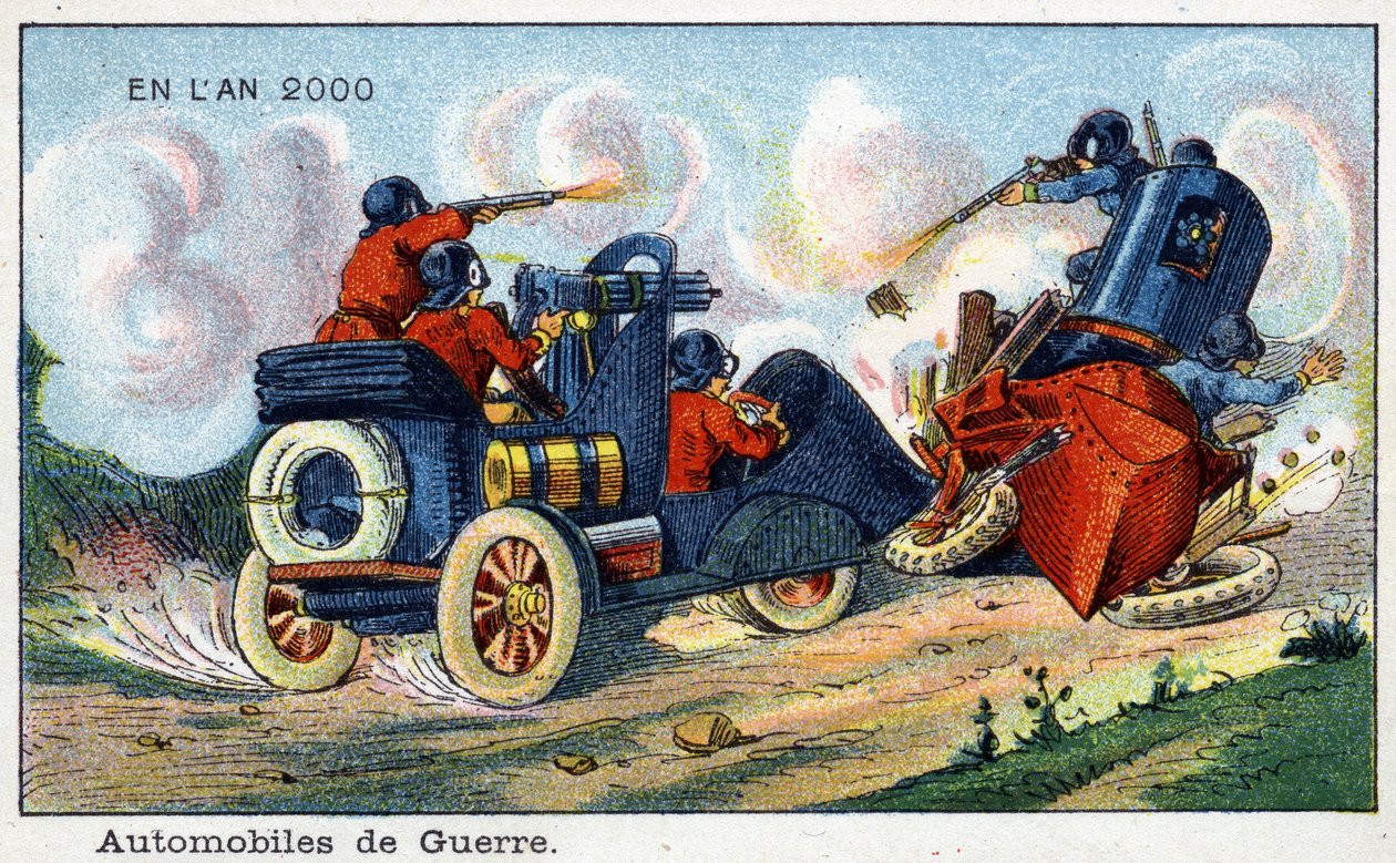 Futuredays: Eine Vision des 19. Jahrhunderts vom Jahr 2000 - Serie „Im Jahr 2000“: Kriegsautomobil. Chromolithographie von Villemard von French School
