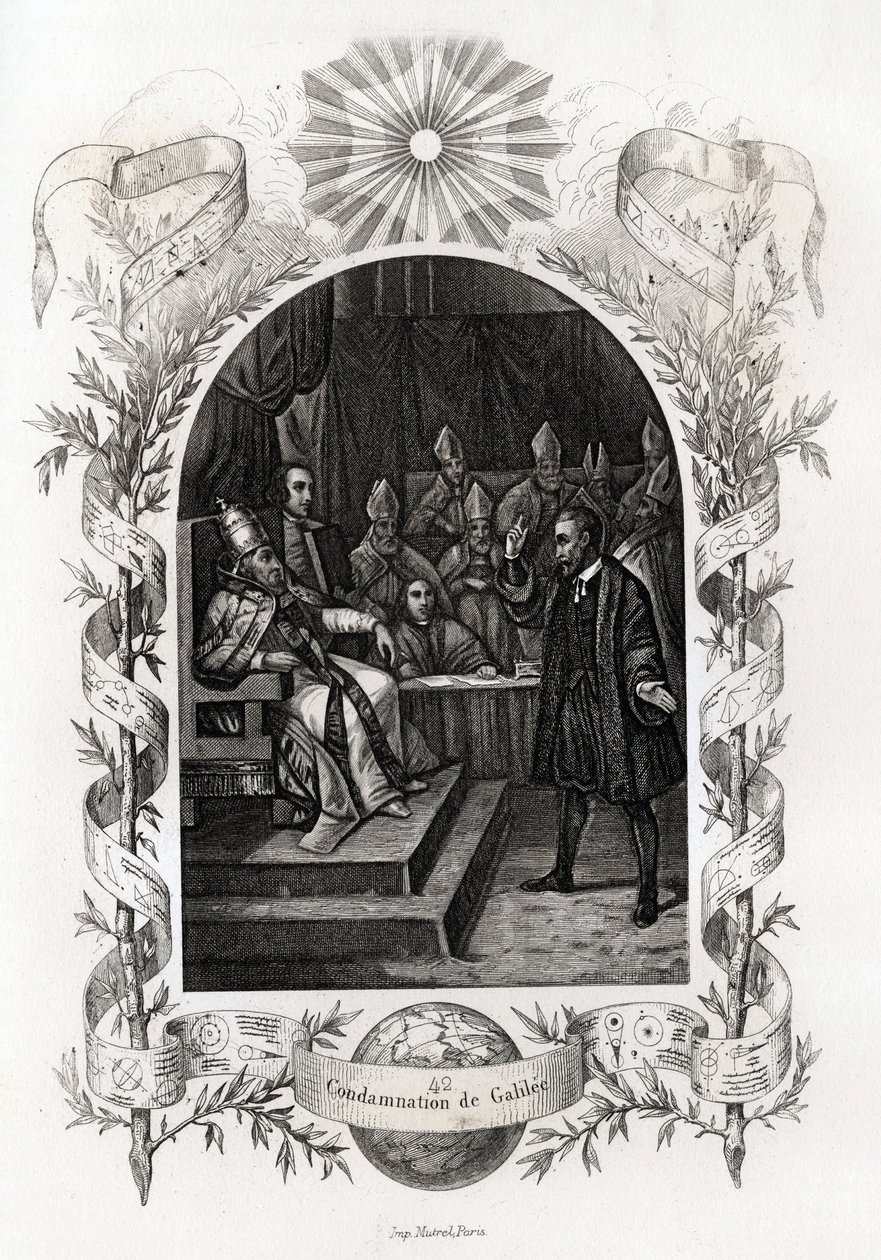Galileo Galilei (1564-1642) vor dem Heiligen Offizium im Vatikan. Der Astronom wurde 1632 vom Inquisitionstribunal verurteilt. Gravur zur Illustration der „Geschichte der Päpste“ von Maurice Lachatre (1814-1900) von French School