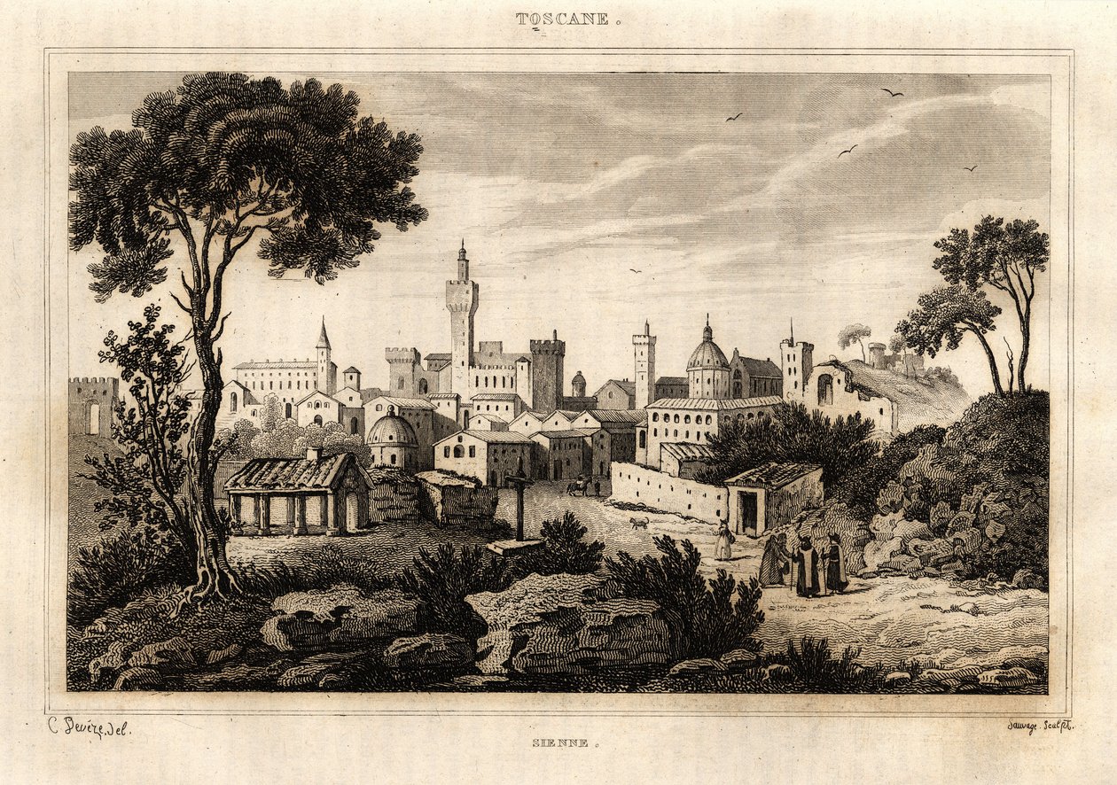 Gesamtansicht von Siena in der Toskana, Gravur von C. Deveze in „Italien pittoresk“, Amable Coste Herausgeber von French School
